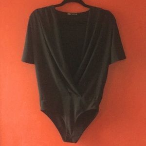 ZARA black deep v-neck short flutter sleeves leotard